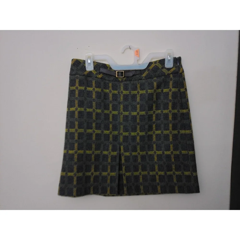 Ann Taylor Loft Skirt Womens 4P Gray Green Yellow Plaid Wool Blend Buckle A-Line
